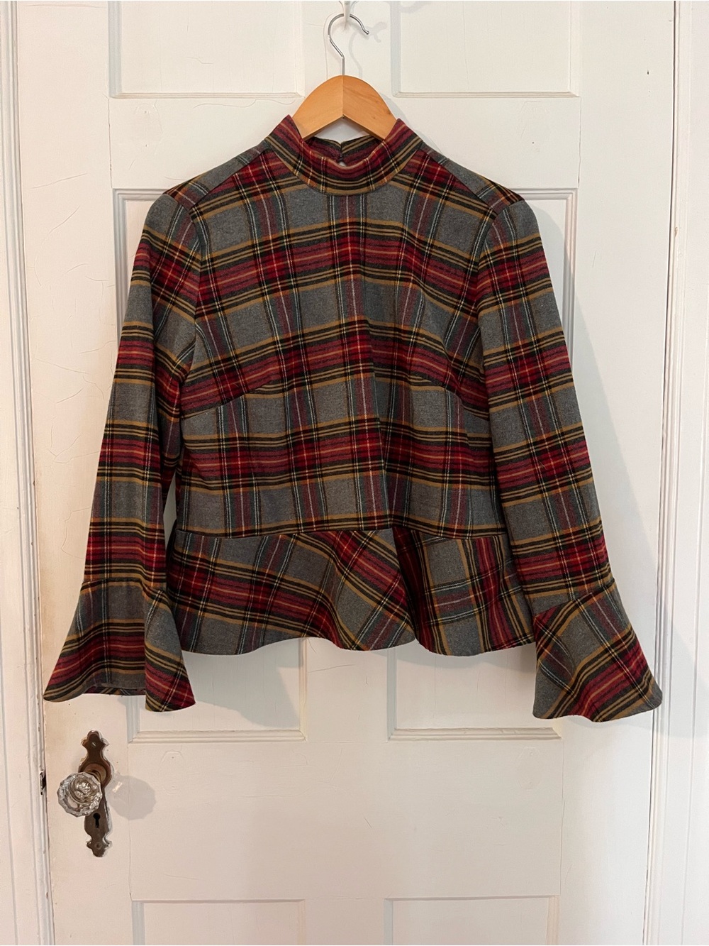 bp Plaid Peplum Mock-Neck Top in Gray, Red and Yellow